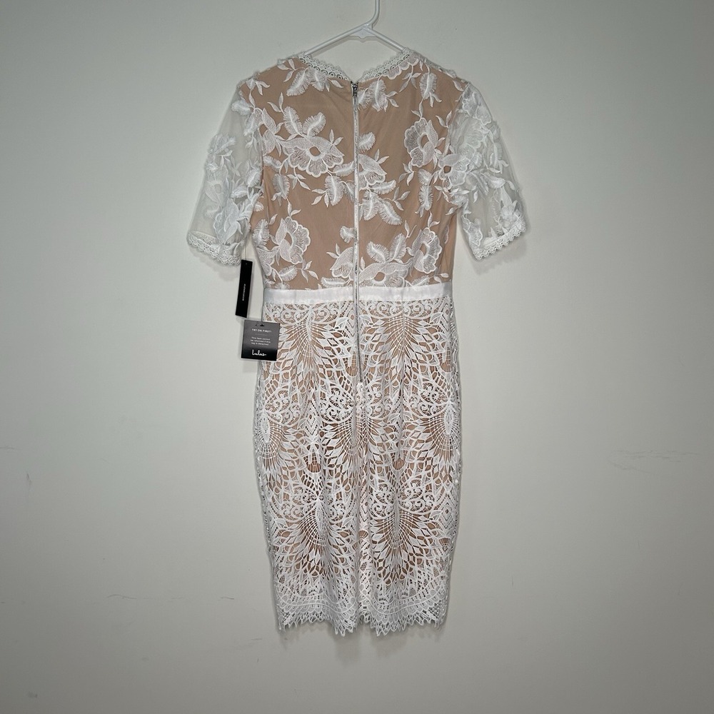 Lulus One Love Dress Large White Lace Nude Crochet Fitted Midi Bodycon Wedding - Picture 4 of 8